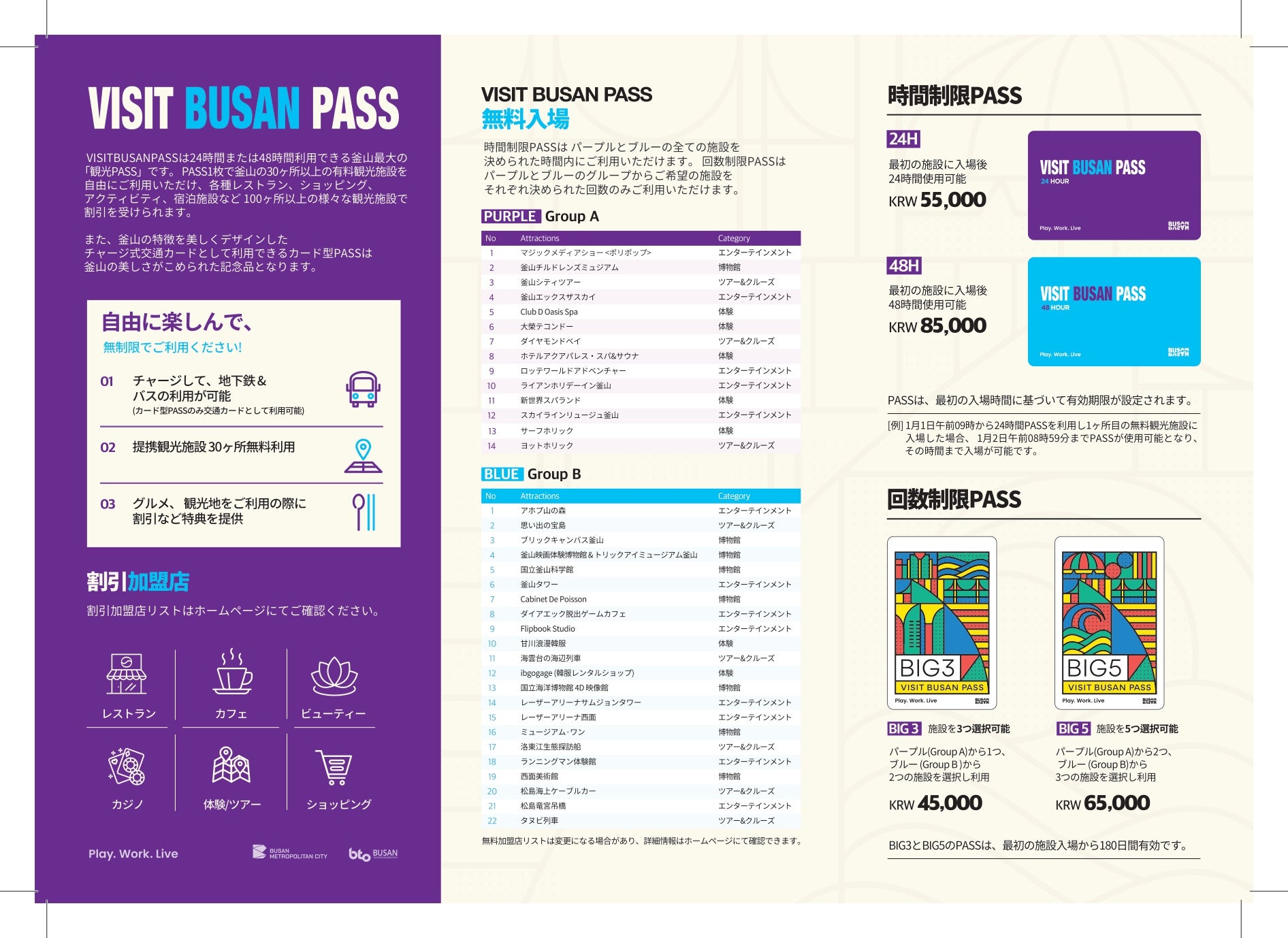 韓国 ビジット釜山パス VISIT BUSAN PASS 24時間 or 48時間・BIG 3 or