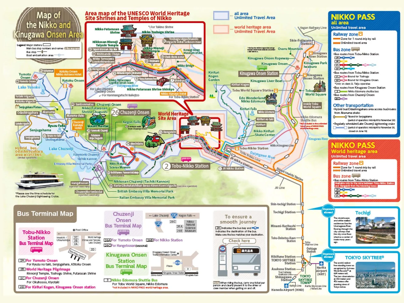 A Nikko map that shows the coverage of the 2-Day Nikko World Heritage Area Pass and 4-Day Nikko All Area Pass